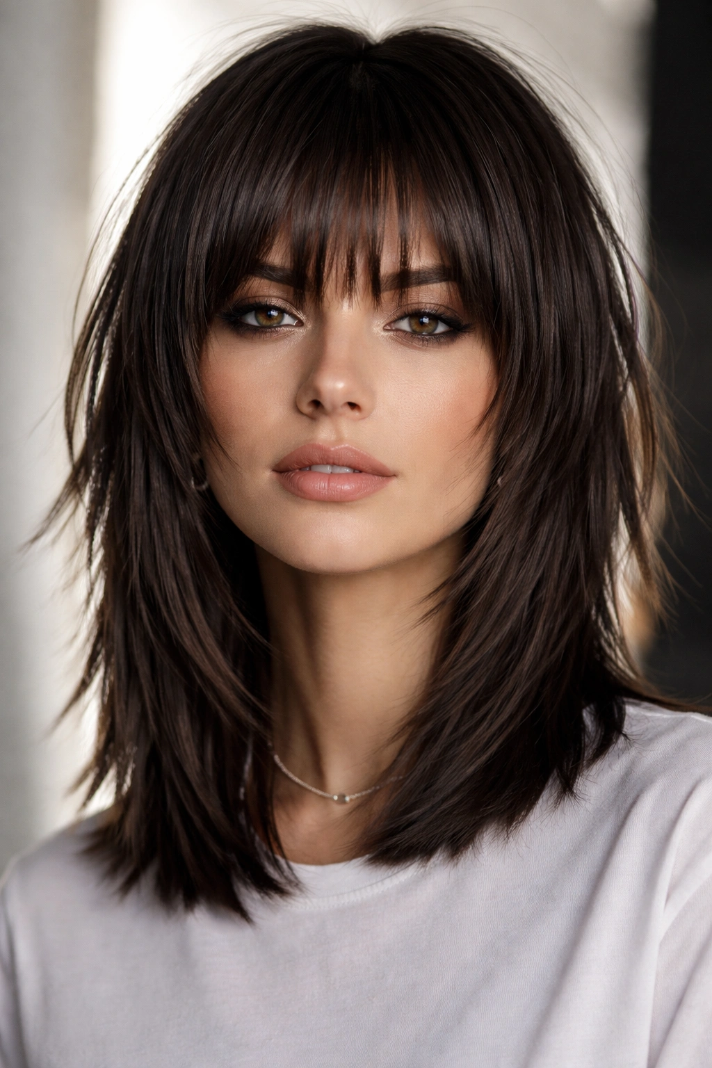 Blunt shag with sharp defined layers at shoulder length