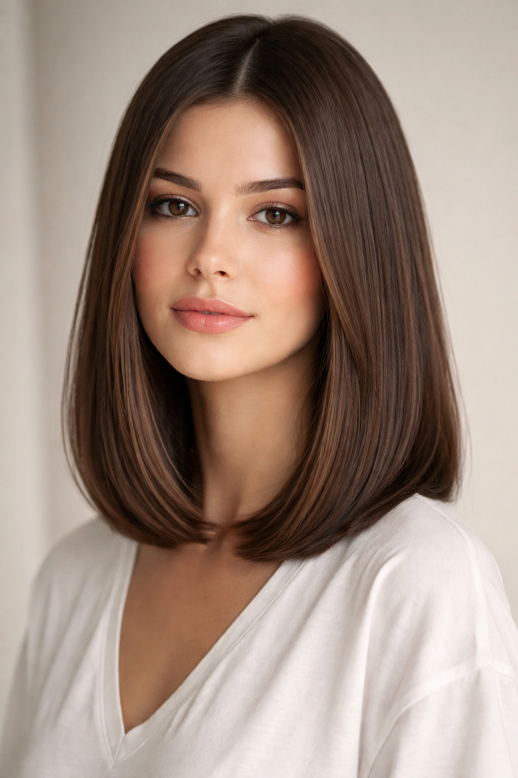 Portrait of a person with shoulder-length blunt cut hair, crisp lines and minimal layering.