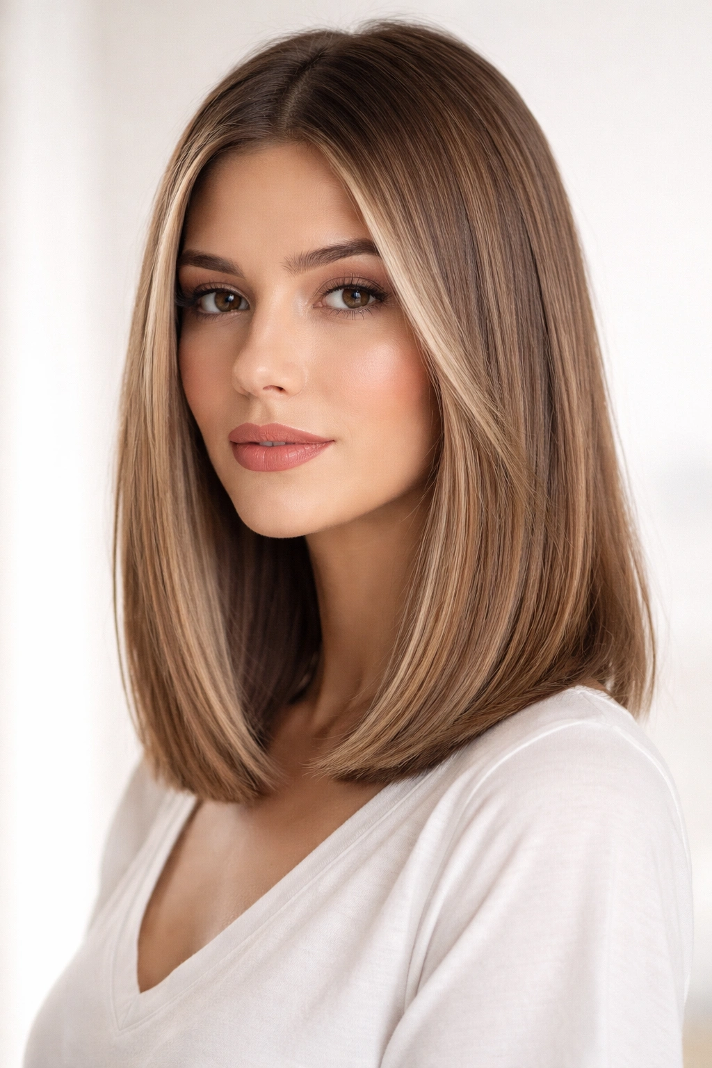 Straight blunt shoulder-length hair with hidden texture and crisp edge