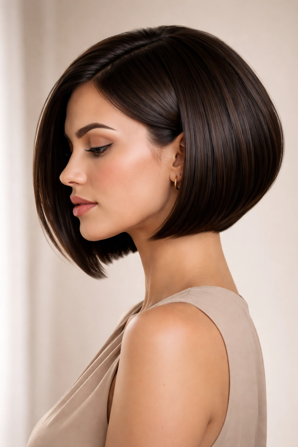 Close-up of a jaw-length blunt stacked bob with stacked back and face-framing front.