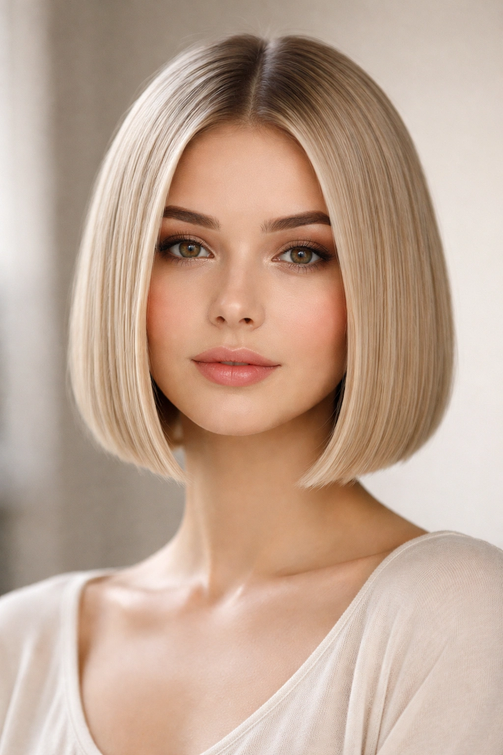 Close-up of a blunt straight bob on fine hair highlighting a sharp chin-length edge.