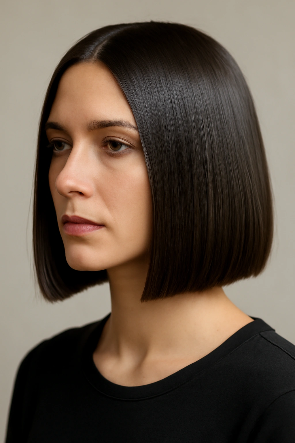 Close-up of a shoulder-length blunt straight bob with a crisp, symmetrical cut