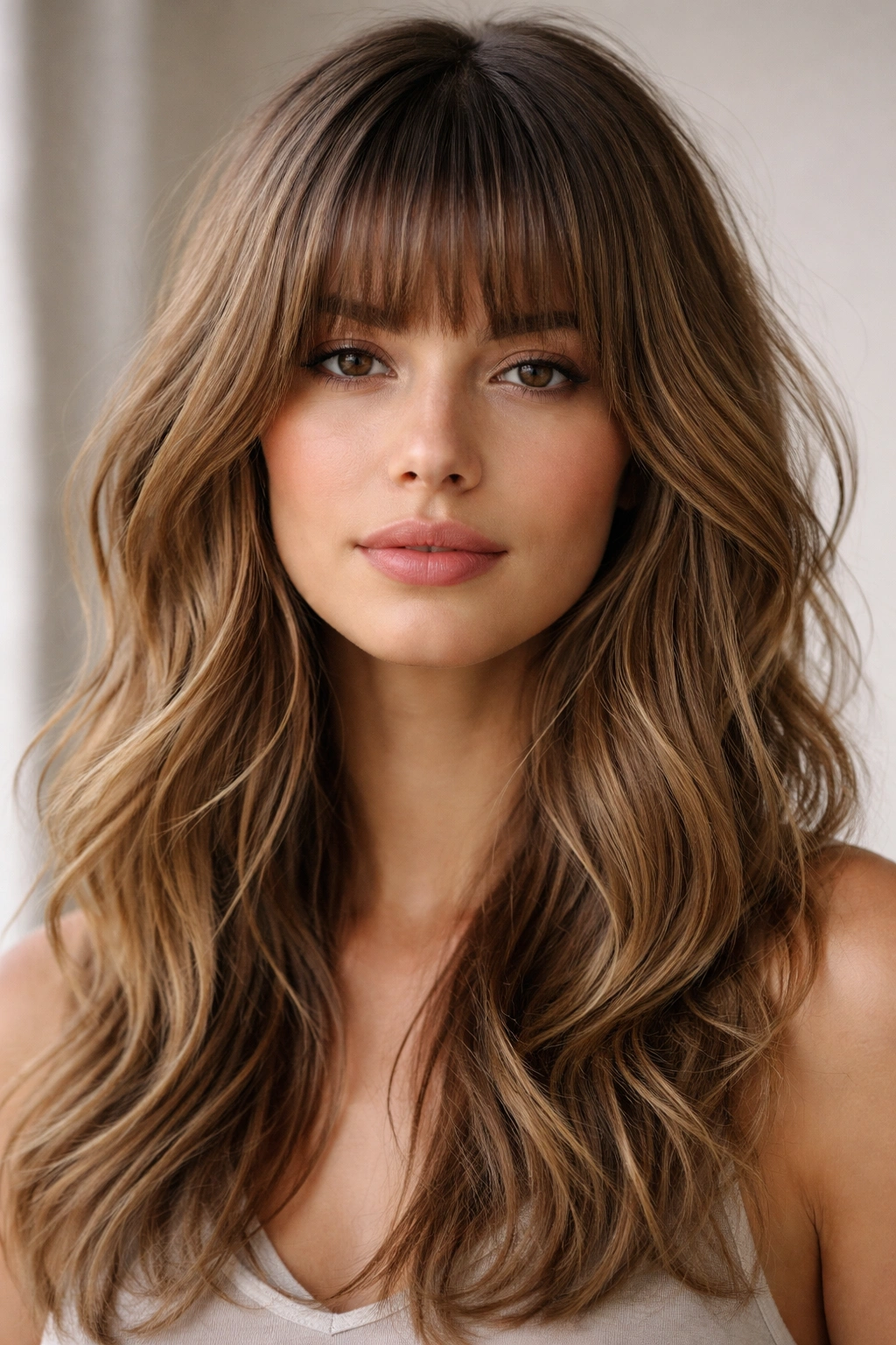 Blunt textured bangs with layered lengths on fine wavy hair