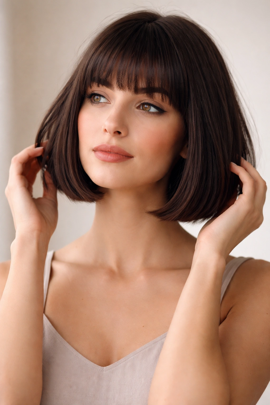 Portrait of a person with a bob and blunt bangs, thoughtful expression, studio lighting