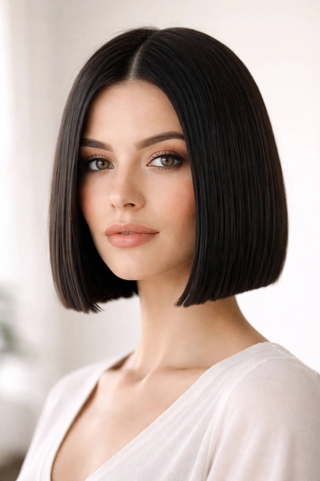 Edge-to-edge bob with blunt chin-length ends