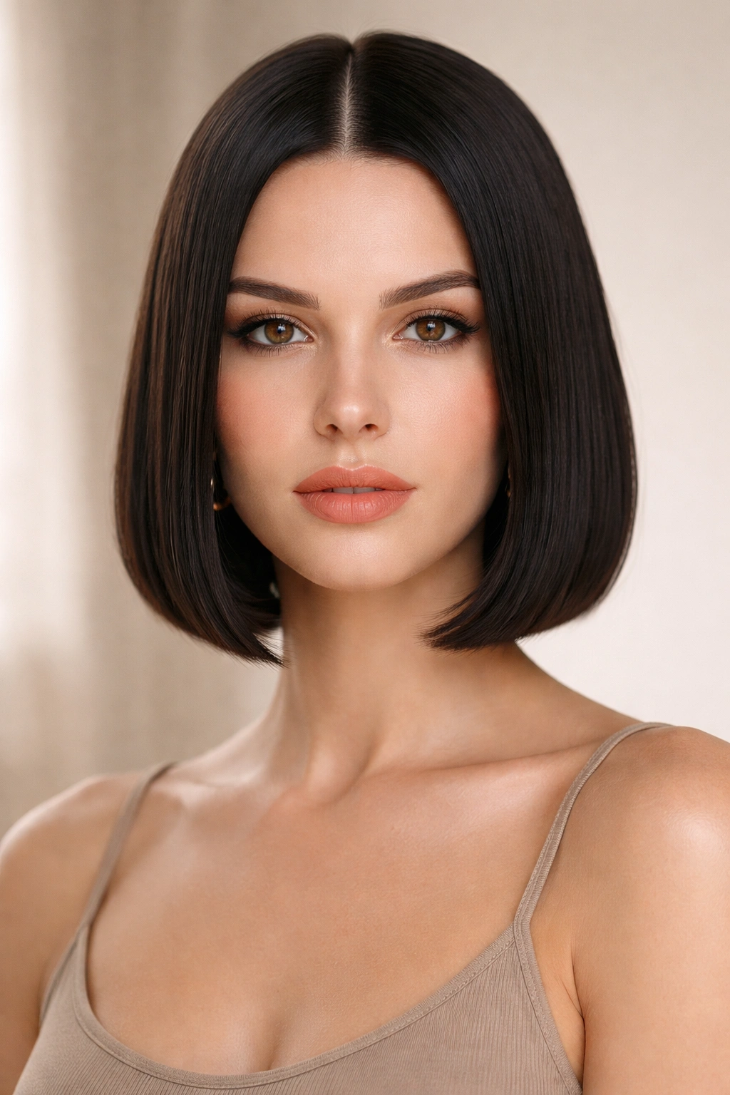 Portrait of person with sleek blunt bob and center part