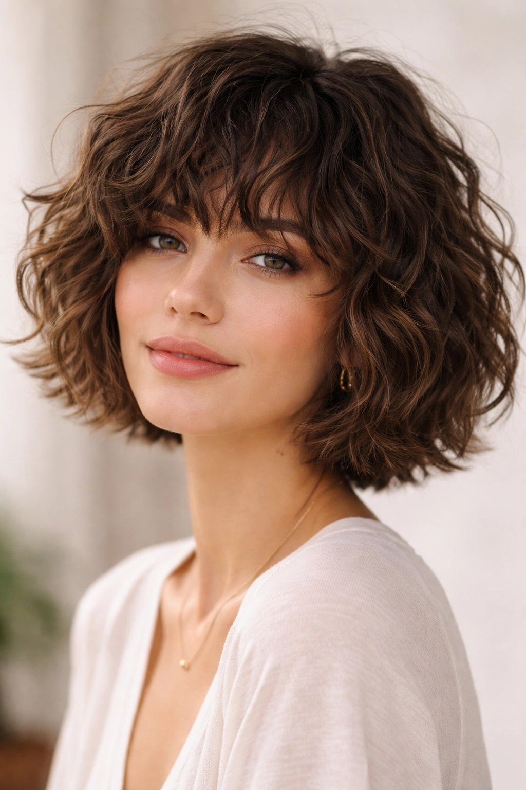 Chin-length tousled bob with curly fringe and textured layers