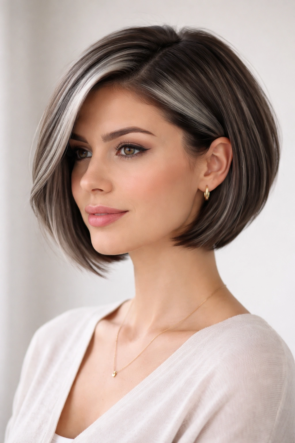 Close-up of a modern bob with soft gray accents framing the face
