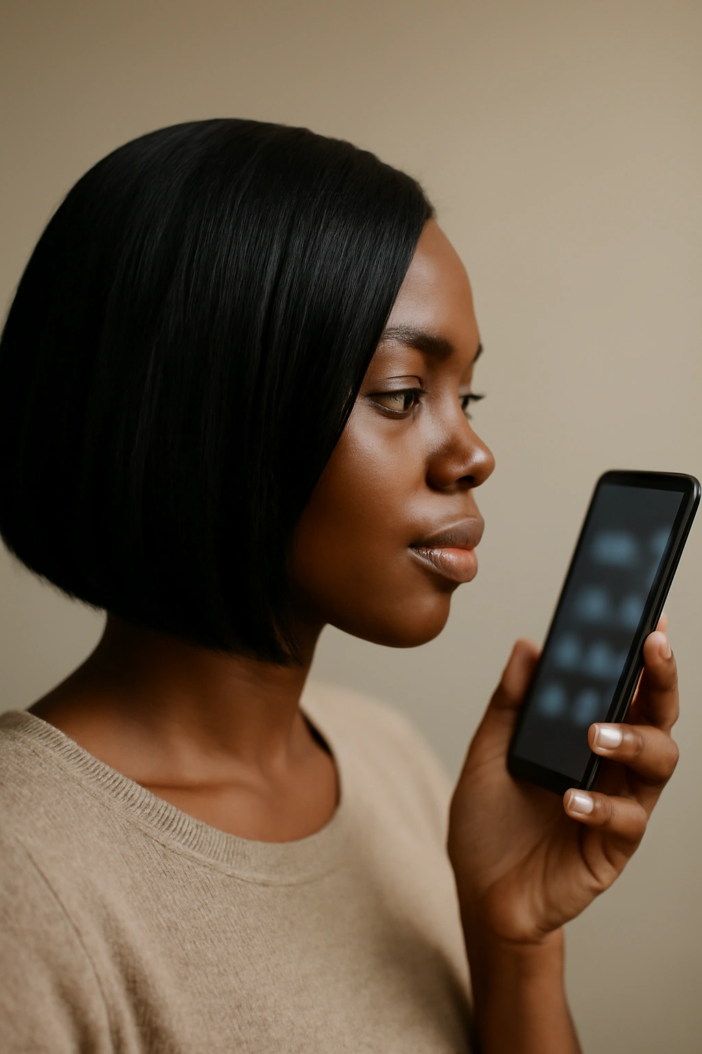 Close-up of a woman with a bob looking at a smartphone with blurred icons in a studio