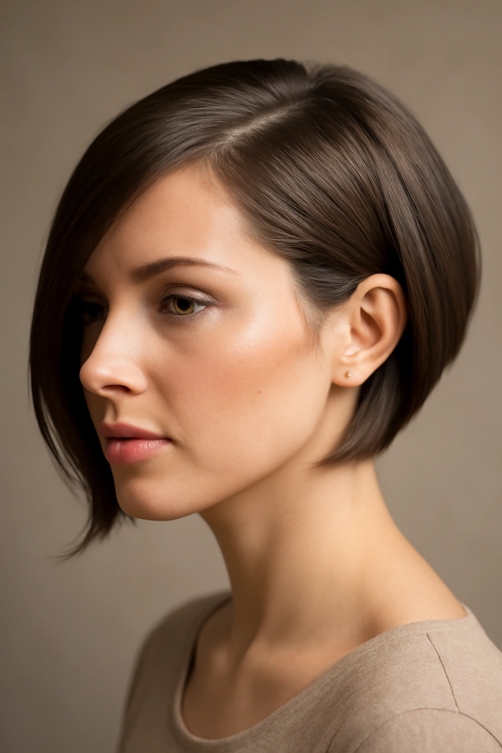 Sleek side-swept bob with dramatic long side and pinned-back detail
