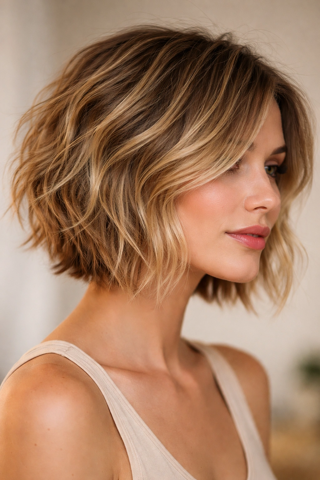 Close-up of a tousled textured bob with layered movement