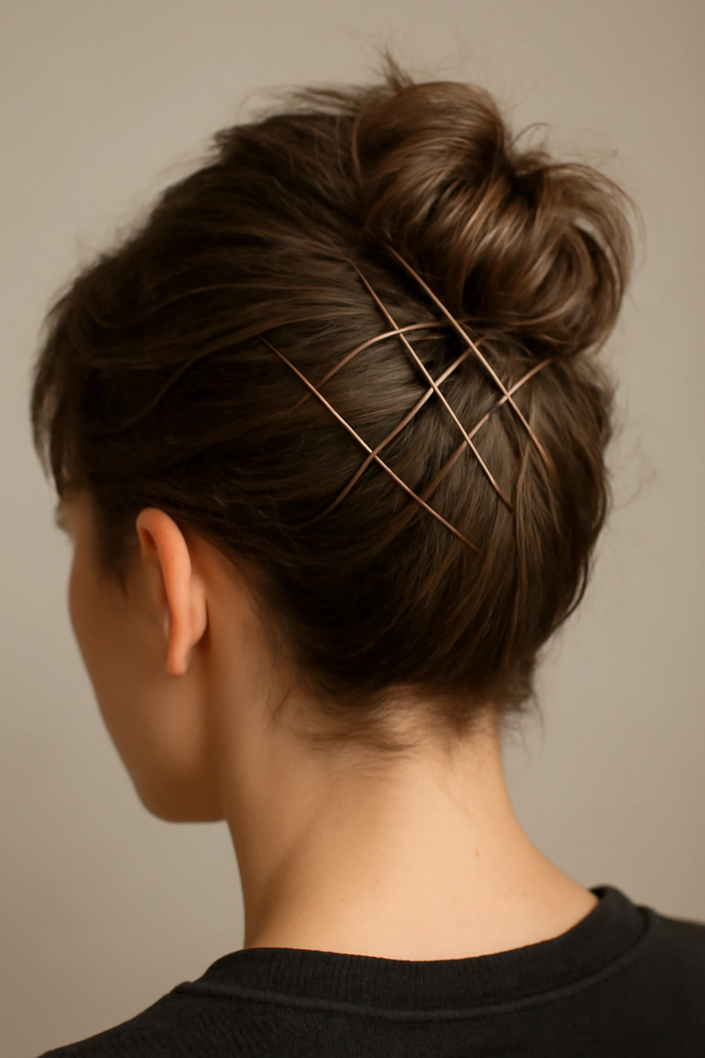 Short-haired bun surrounded by a grid of bobby pins forming a cage