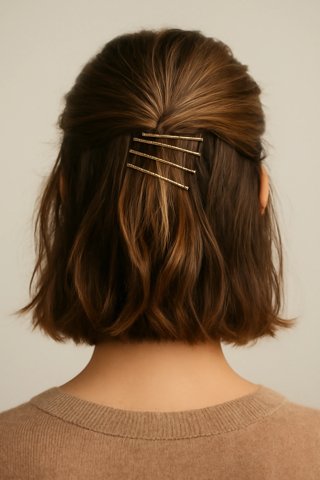 Half-up hairstyle with visible bobby pins forming a decorative design.
