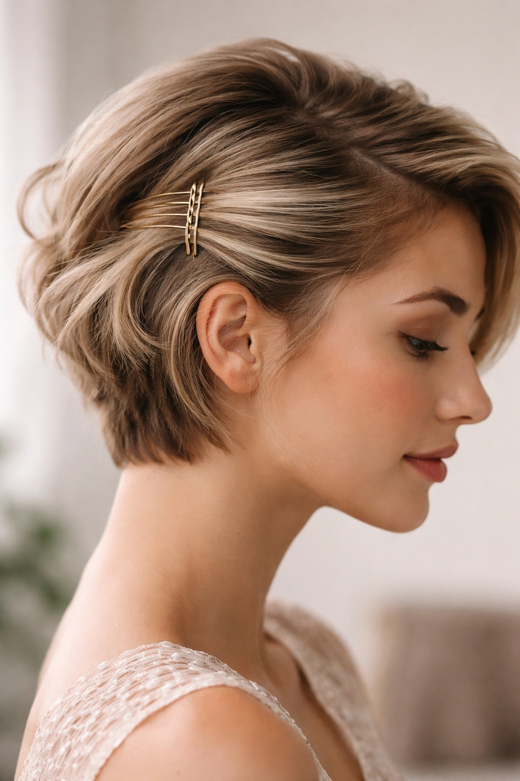 Close-up side profile of short hair with a vertical stack of bobby pins at the crown