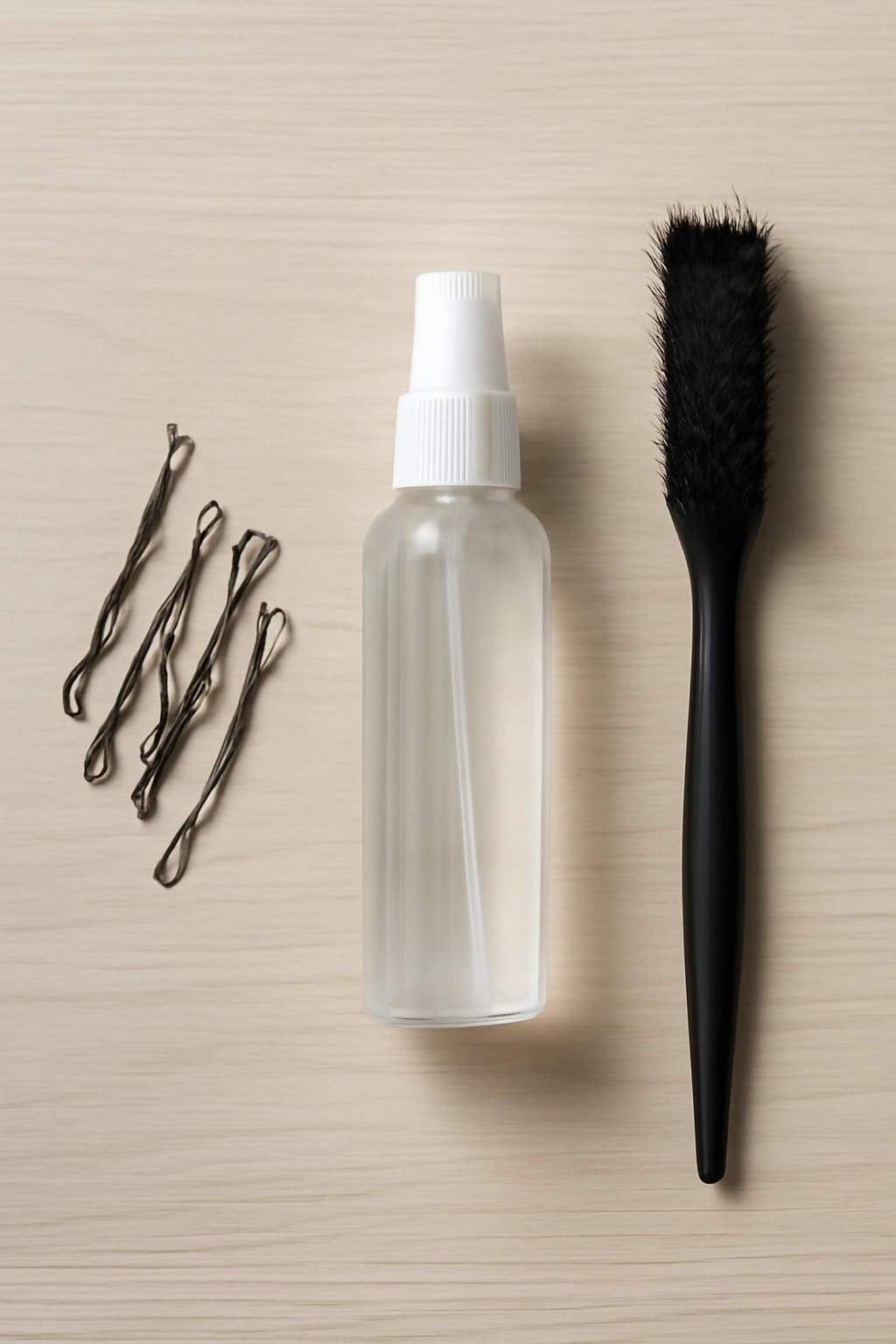 Flat lay of bobby pins, a plain spray bottle, and a teasing brush on a clean surface