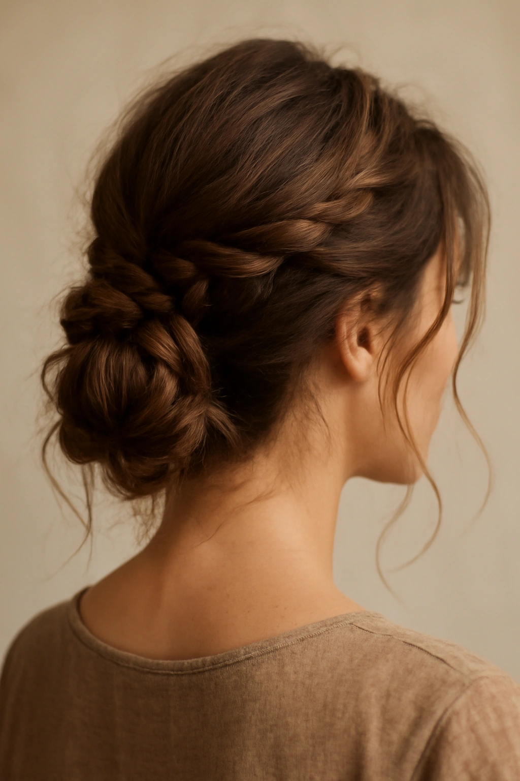 Loose bohemian braided bun with flyaways