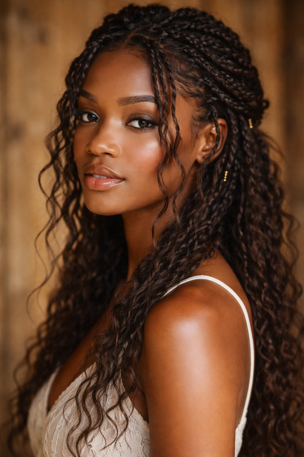 Close-up of loose undone Bohemian Braids with wispy tendrils framing the face