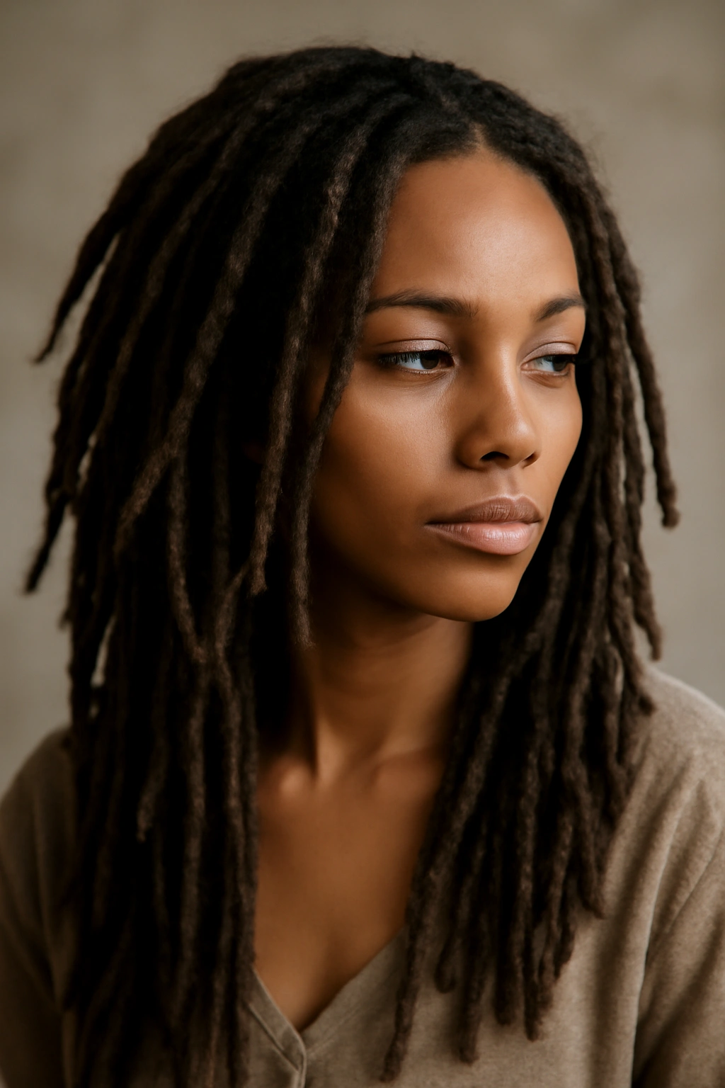 Bohemian locs with layered, relaxed texture in studio lighting