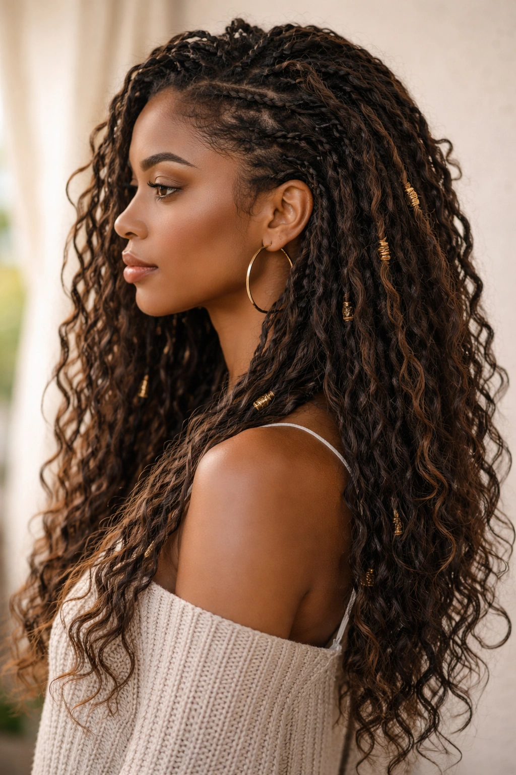 Side profile of bohemian textured faux locs with crimped waves