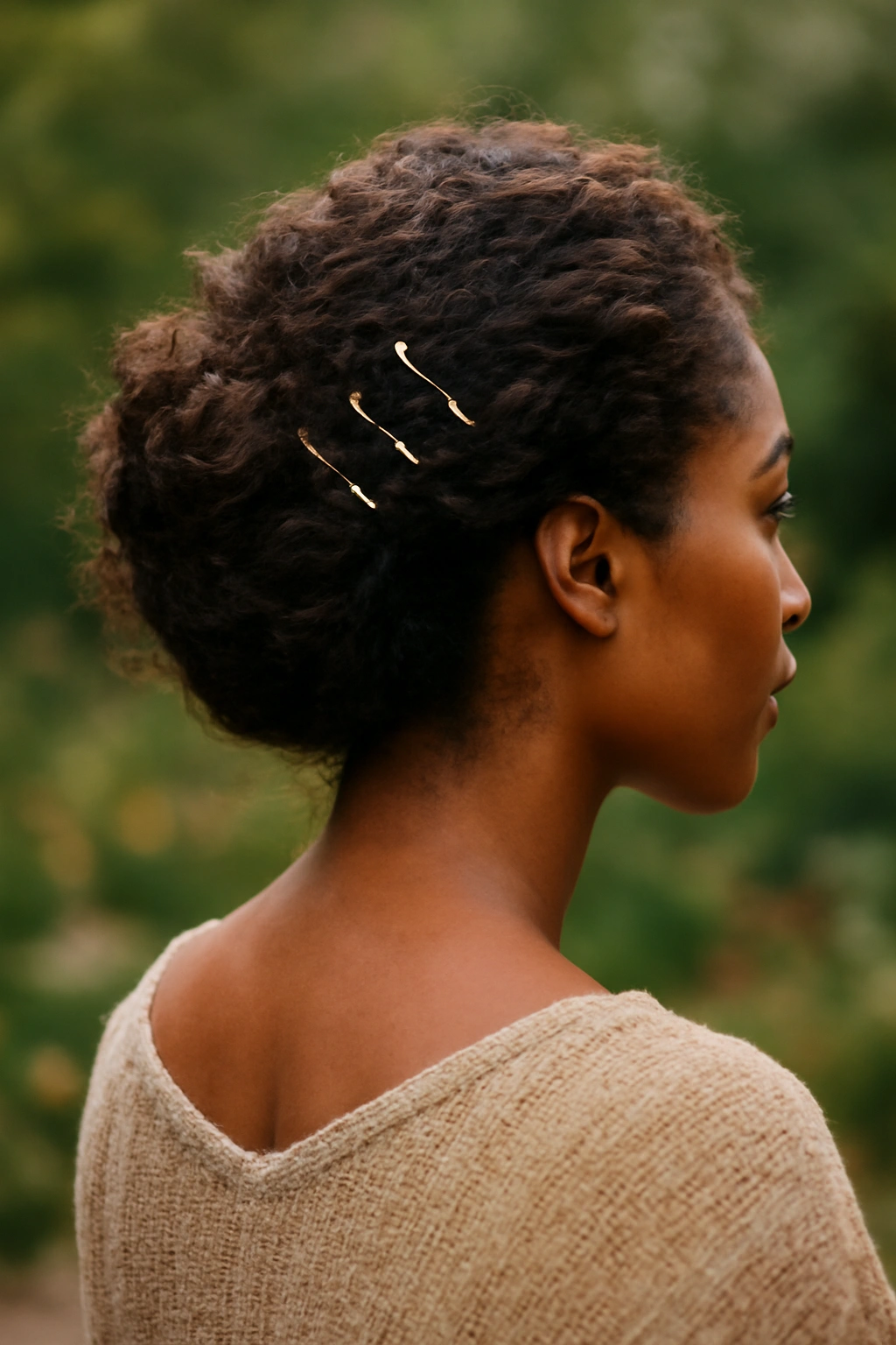 Textured bohemian French roll with natural movement and decorative pins