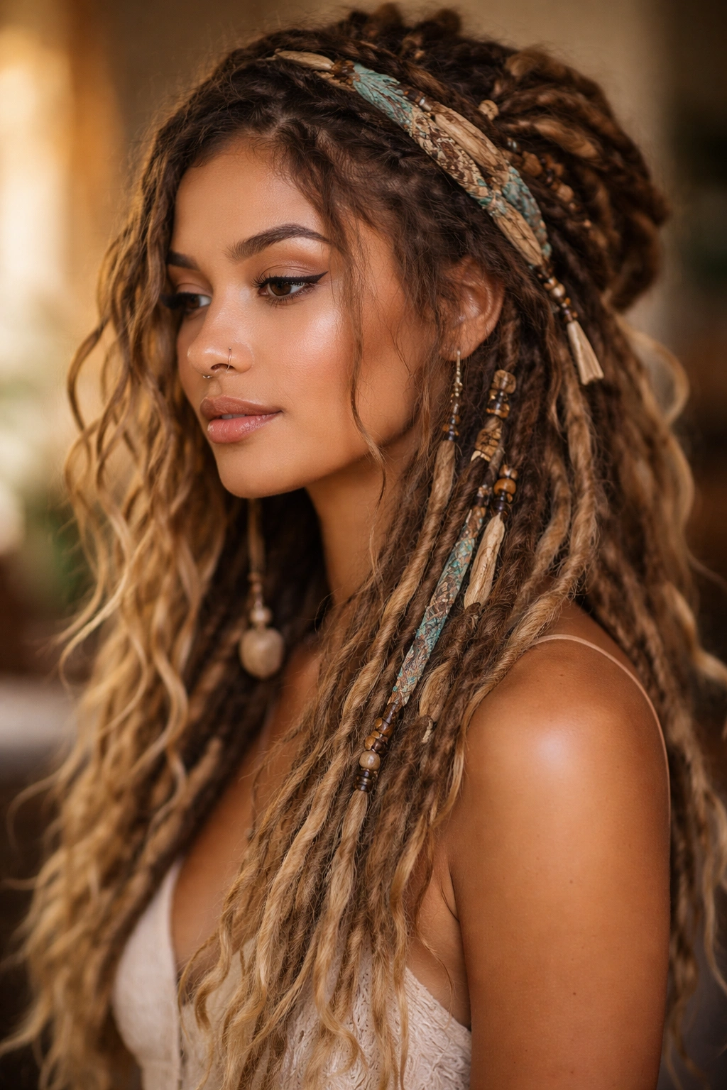 Boho chic dreadlocks with fabric wraps and beads in a relaxed arrangement