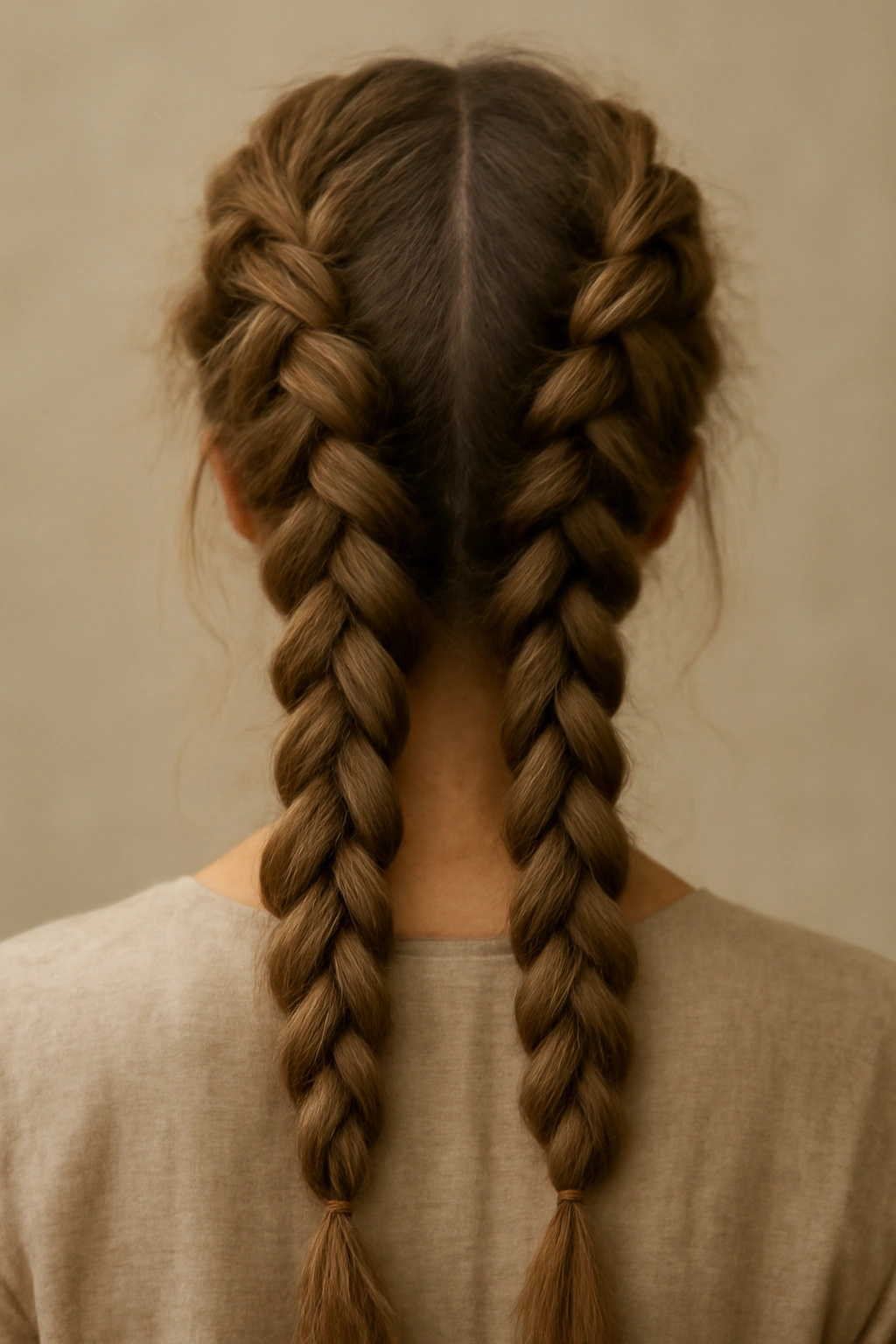 Two Dutch braids down the back creating a crown-like boho look