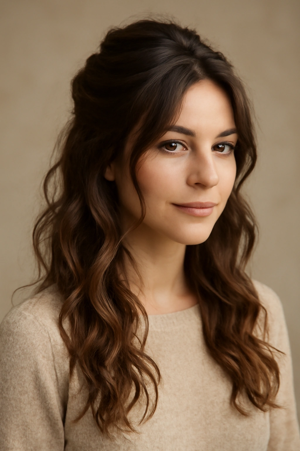 Boho half updo with loose curls and relaxed gathered top