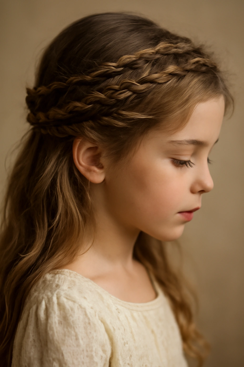 Flower girl wearing a lace-like boho crown formed by thin braids around the head