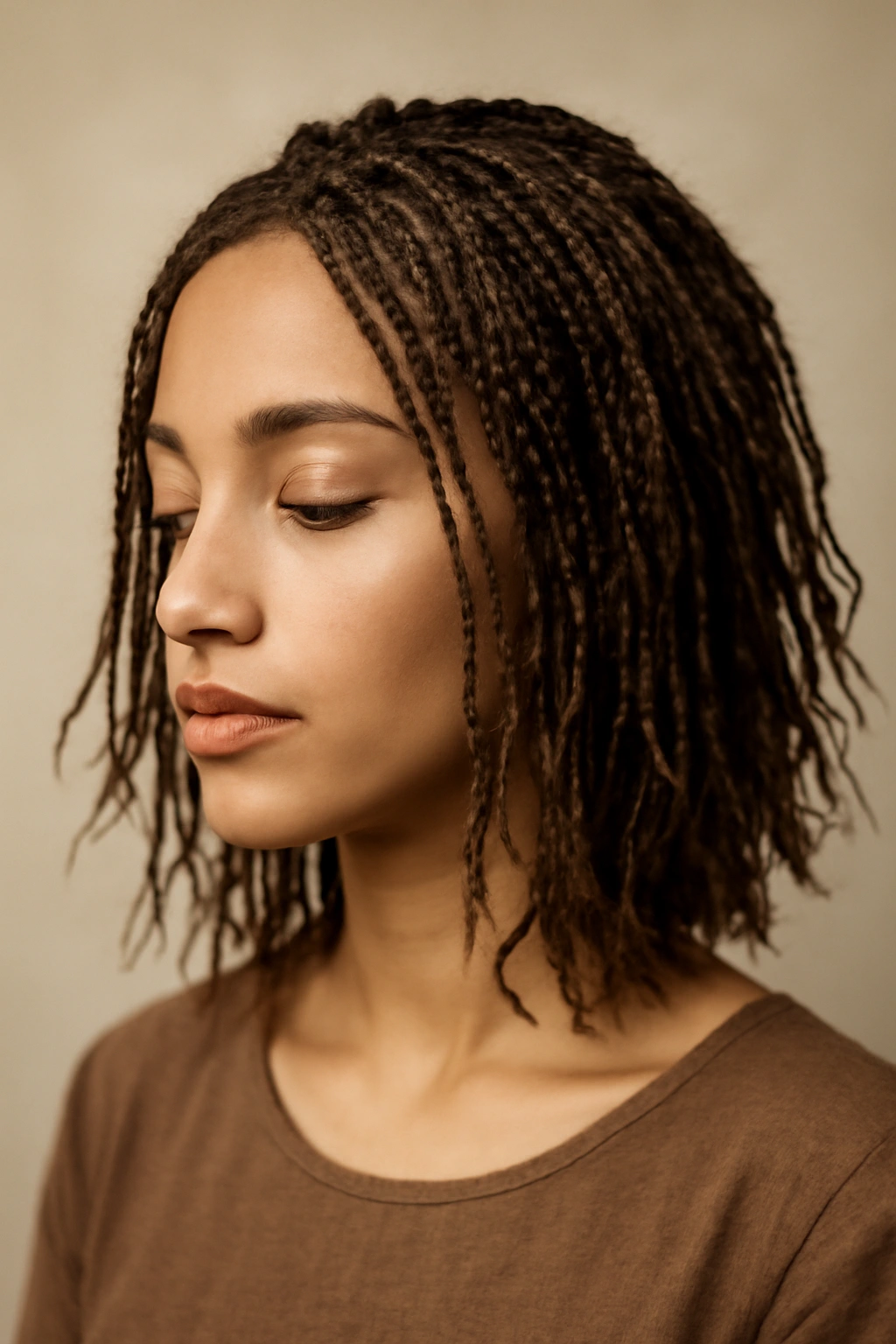 Boho micro braids with wispy, unbraided ends for soft texture.