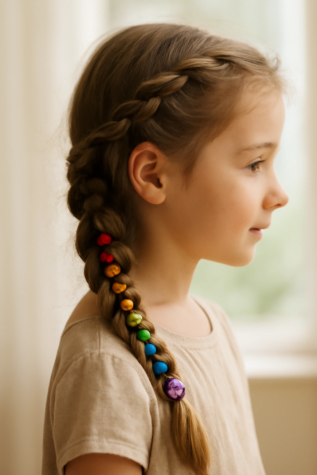 Loose side braid with rainbow gradient beads along the length.