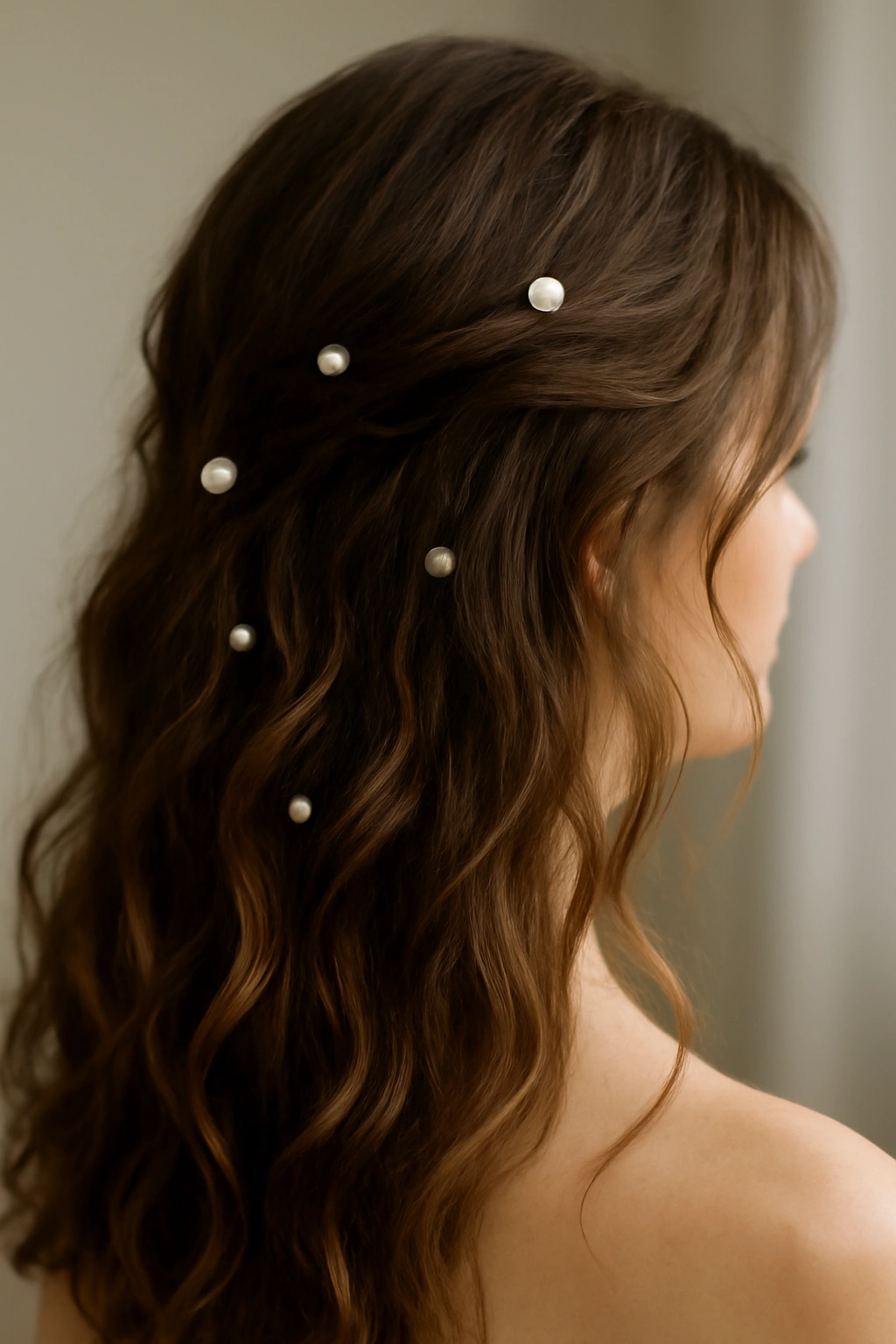 Boho waves with pearl pins in bridal hair