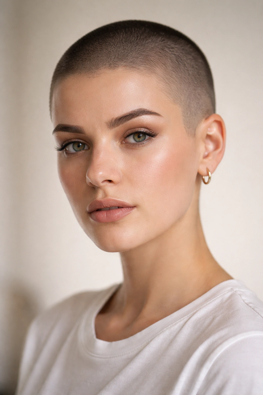 Portrait of a person with a bold buzzcut in a minimal studio