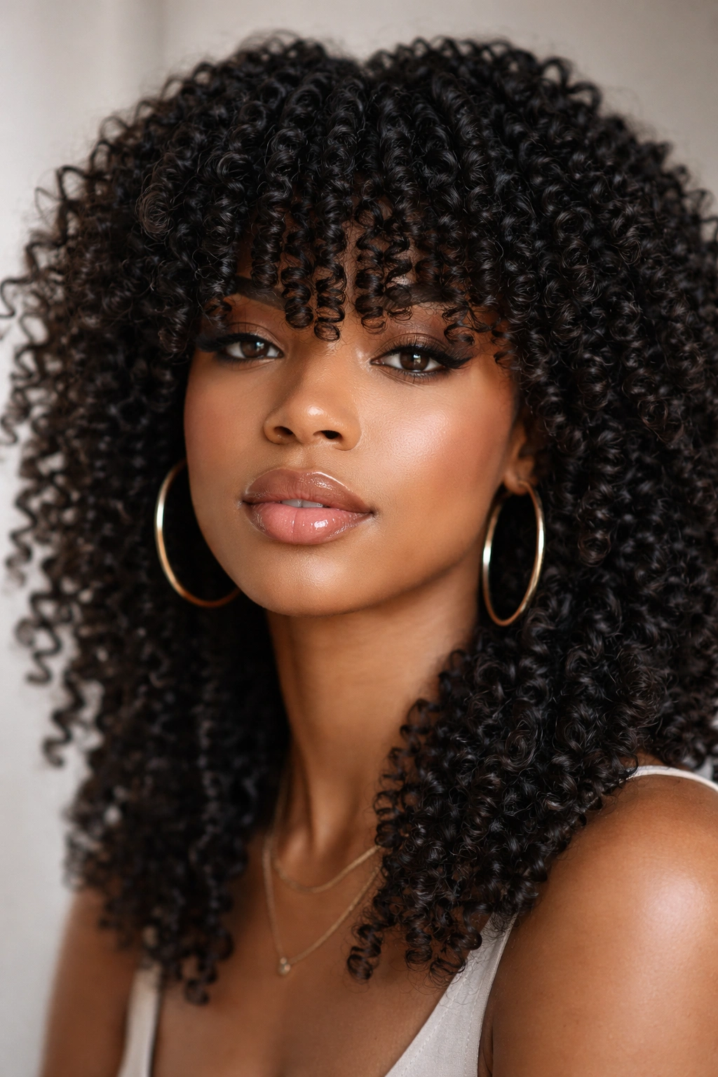 Bold coil bangs on dense 4A–4C curls.