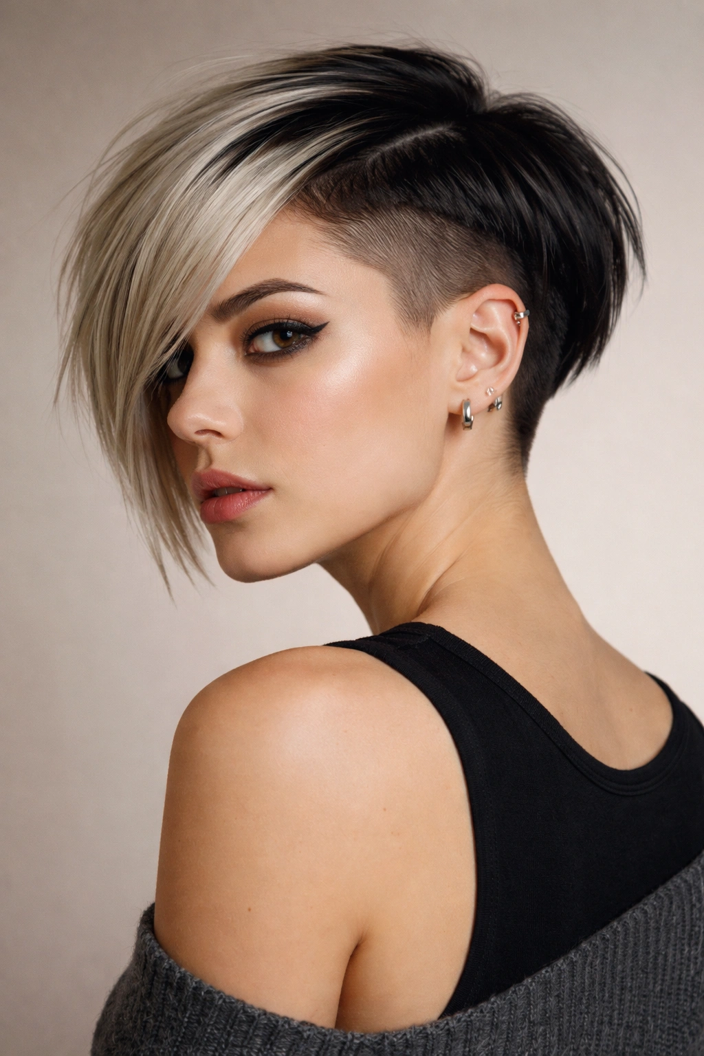 Portrait of a person with a bold edgy short haircut in a minimal studio setting