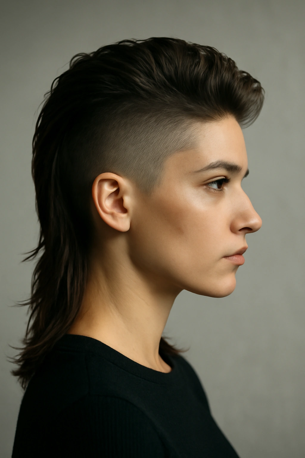Side-profile of a person with bold undercut mullet showing shaved sides and long top