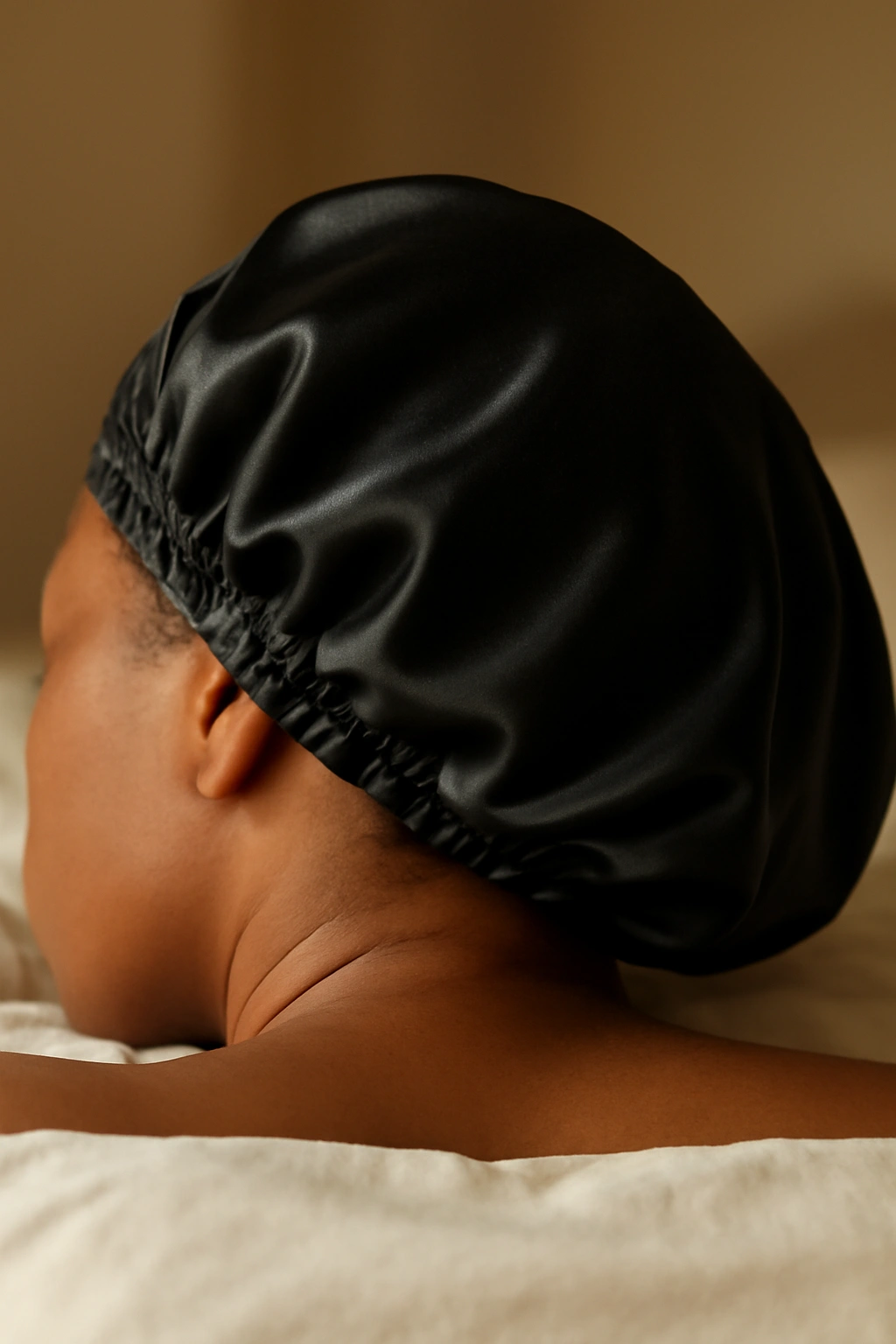 Close-up of satin bonnet over hair resting on bed