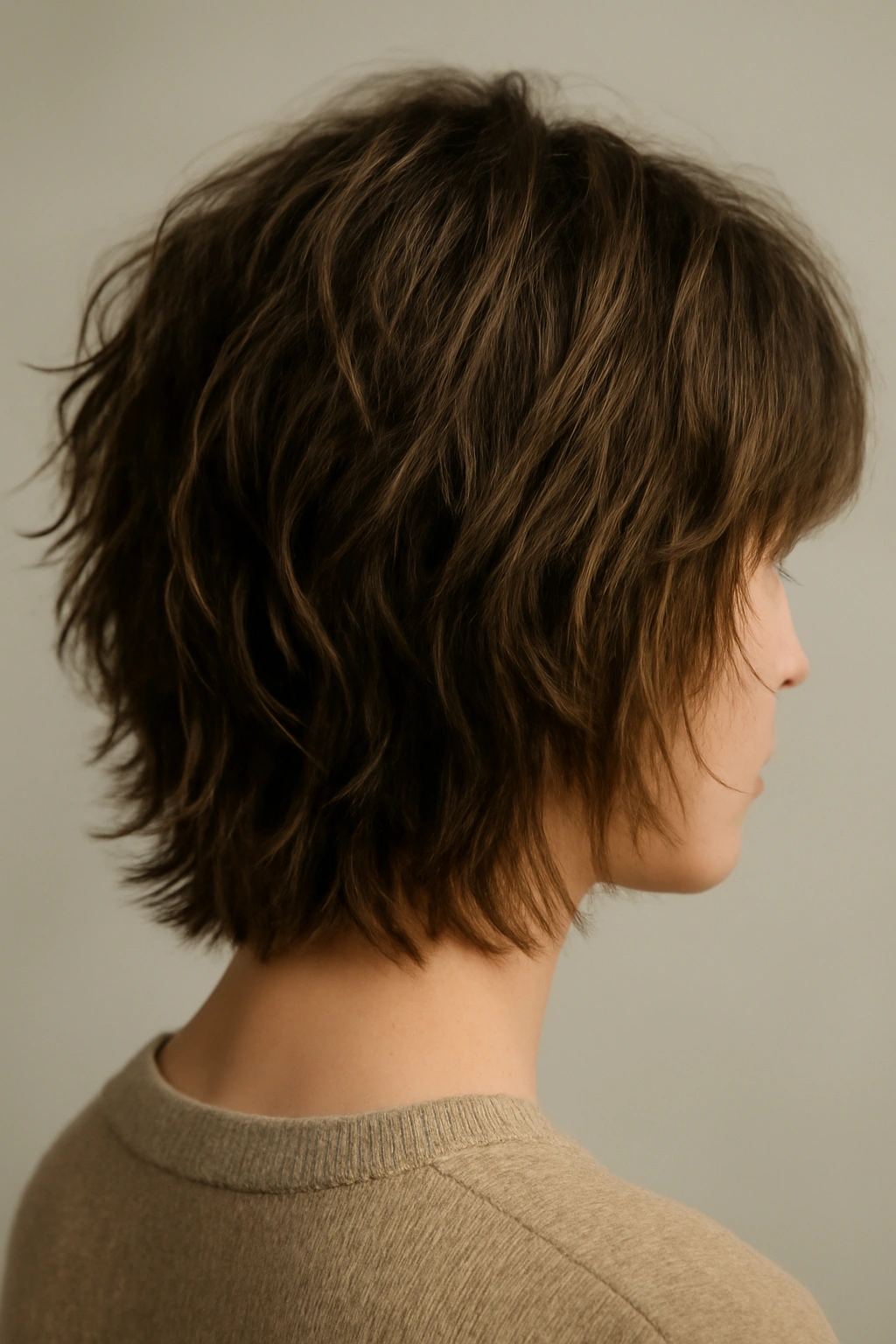 Close-up of shag hairstyle emphasizing a defined bottom line and texture.