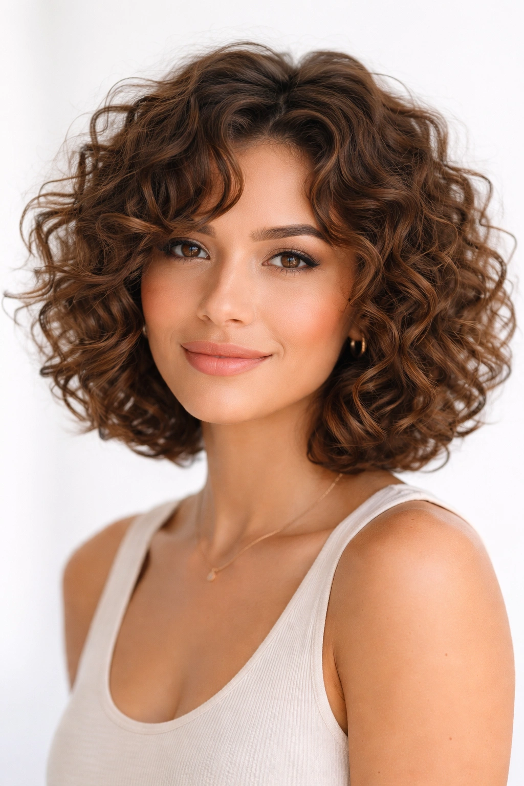 Chin-length curly bob with lively bounce and defined curls