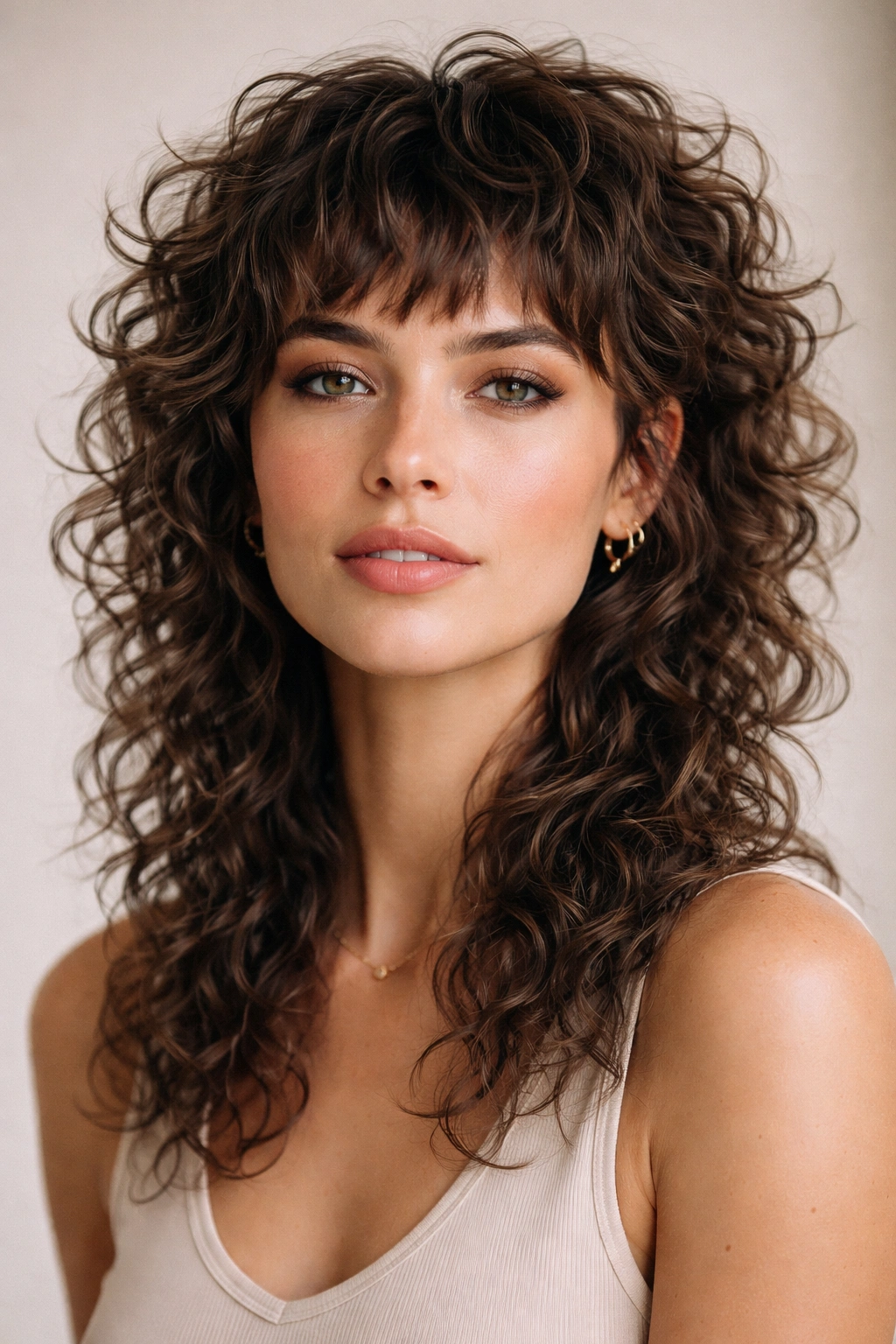 Bouncy curly mullet hairstyle with short front and long back