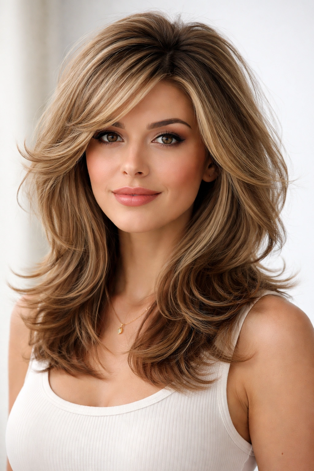 Model with bouncy layered hairstyle and voluminous crown lift.