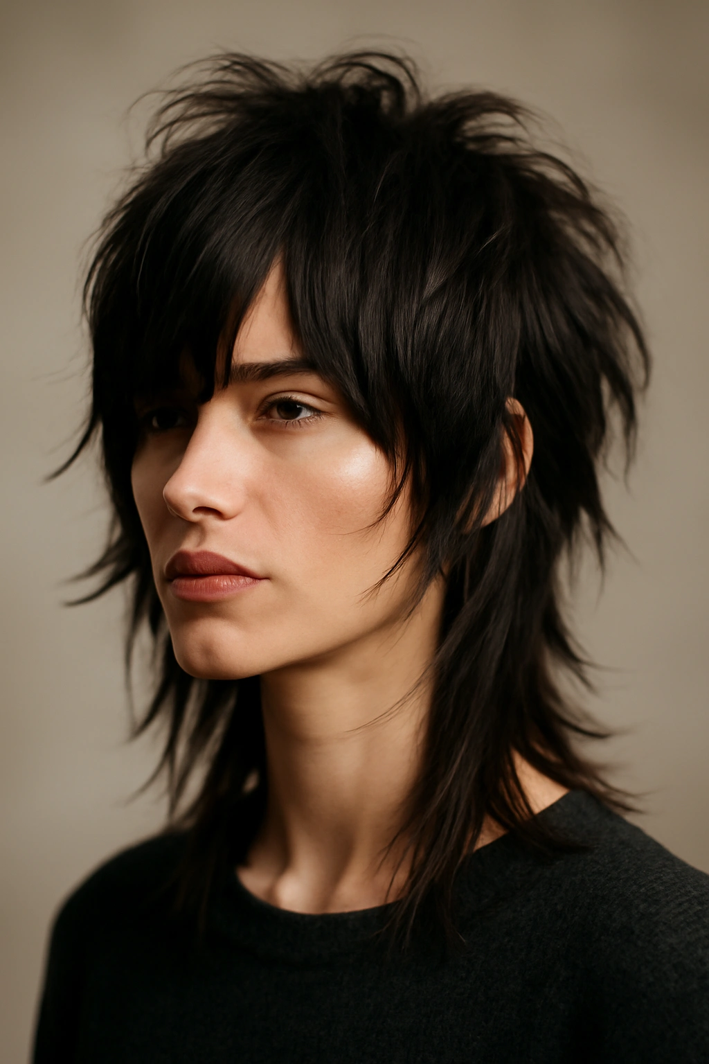 Close-up of a person with an avant-garde boundary-breaking shag featuring dramatic asymmetry and textured layers