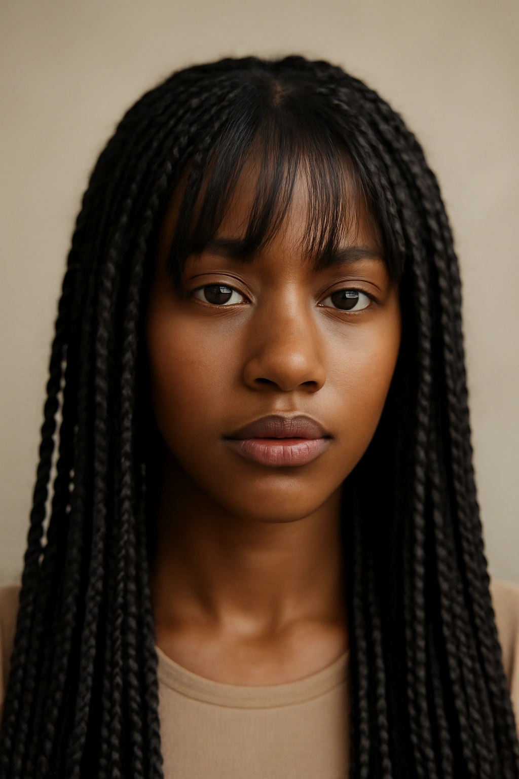 Close-up of a Black woman with box braids and unbraided bangs