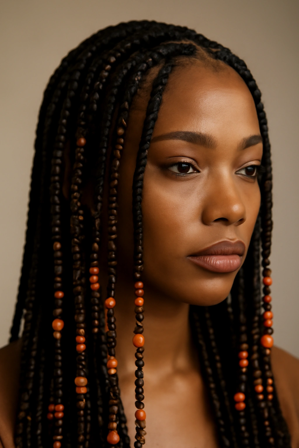 Close-up of box braids with warm-toned beads and copper accents
