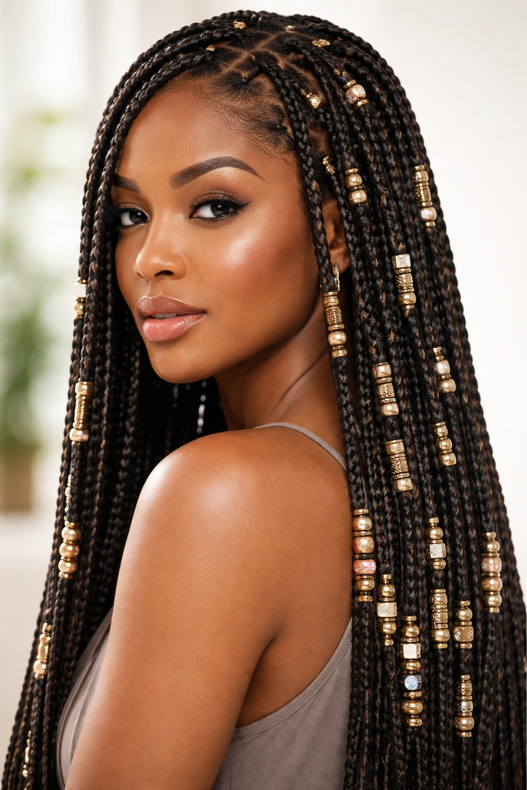 Box braids with gold and mixed metal beads
