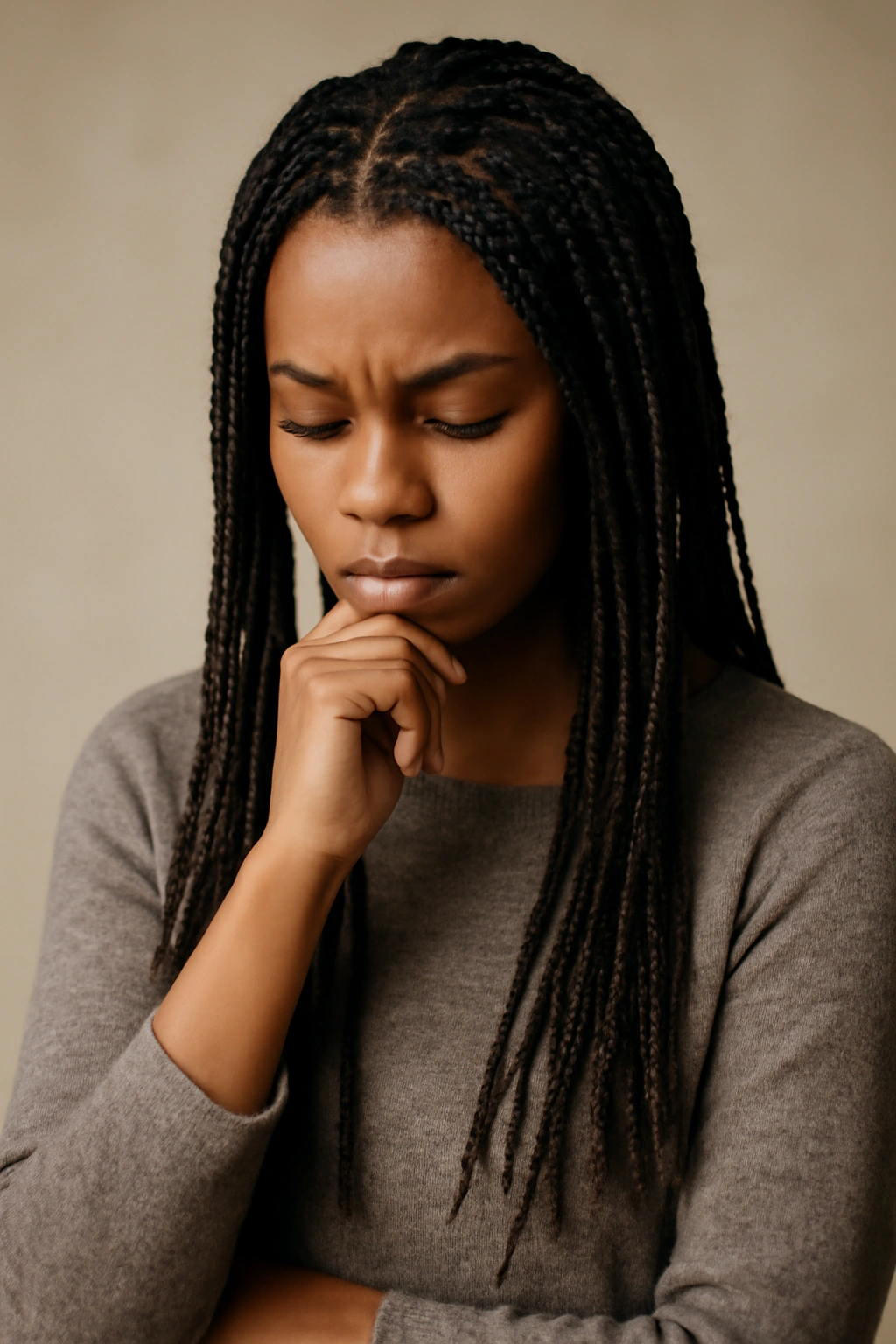 Figure with box braids in a contemplative pose suggesting choosing a hairstyle