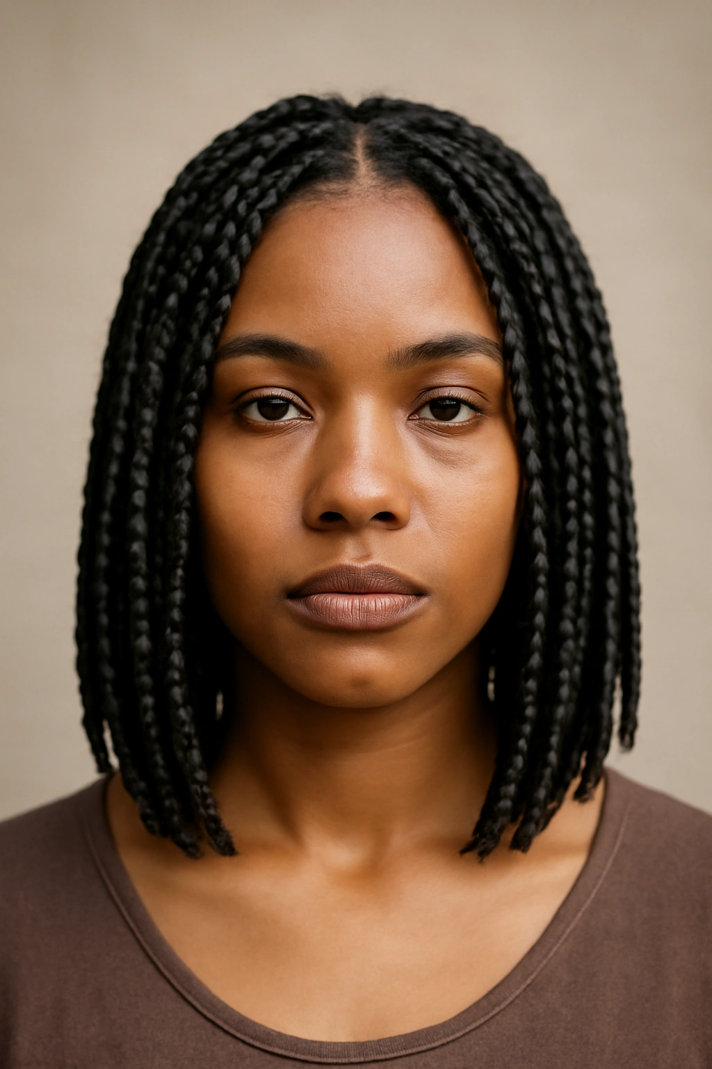 Close-up of a head with classic medium box braids neatly arranged from scalp to shoulder.