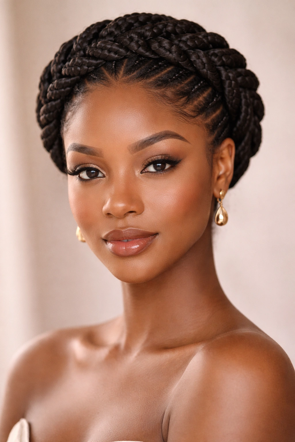 Close-up of box braids styled into a crown around the head, highlighting texture