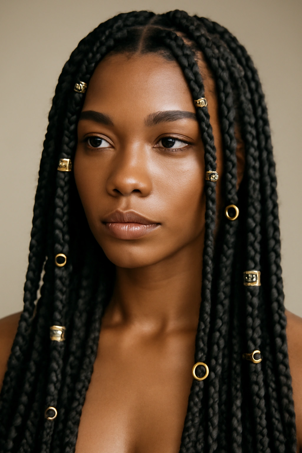 Box braids adorned with metallic cuffs and rings along the length.