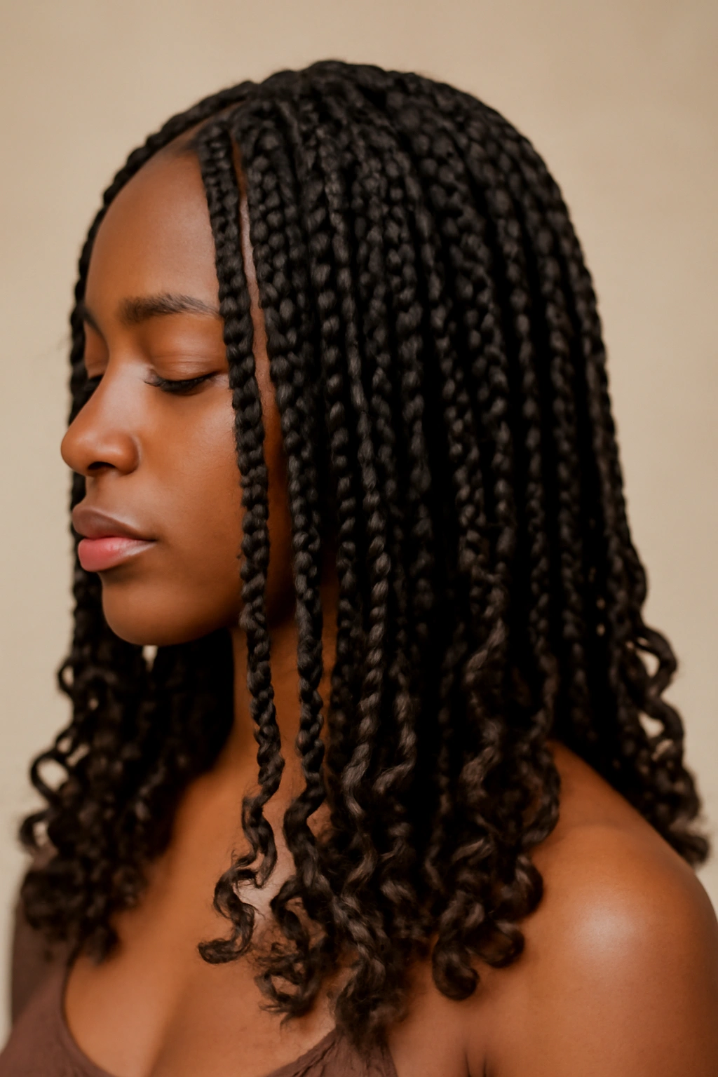 Close-up of box braids with curled ends