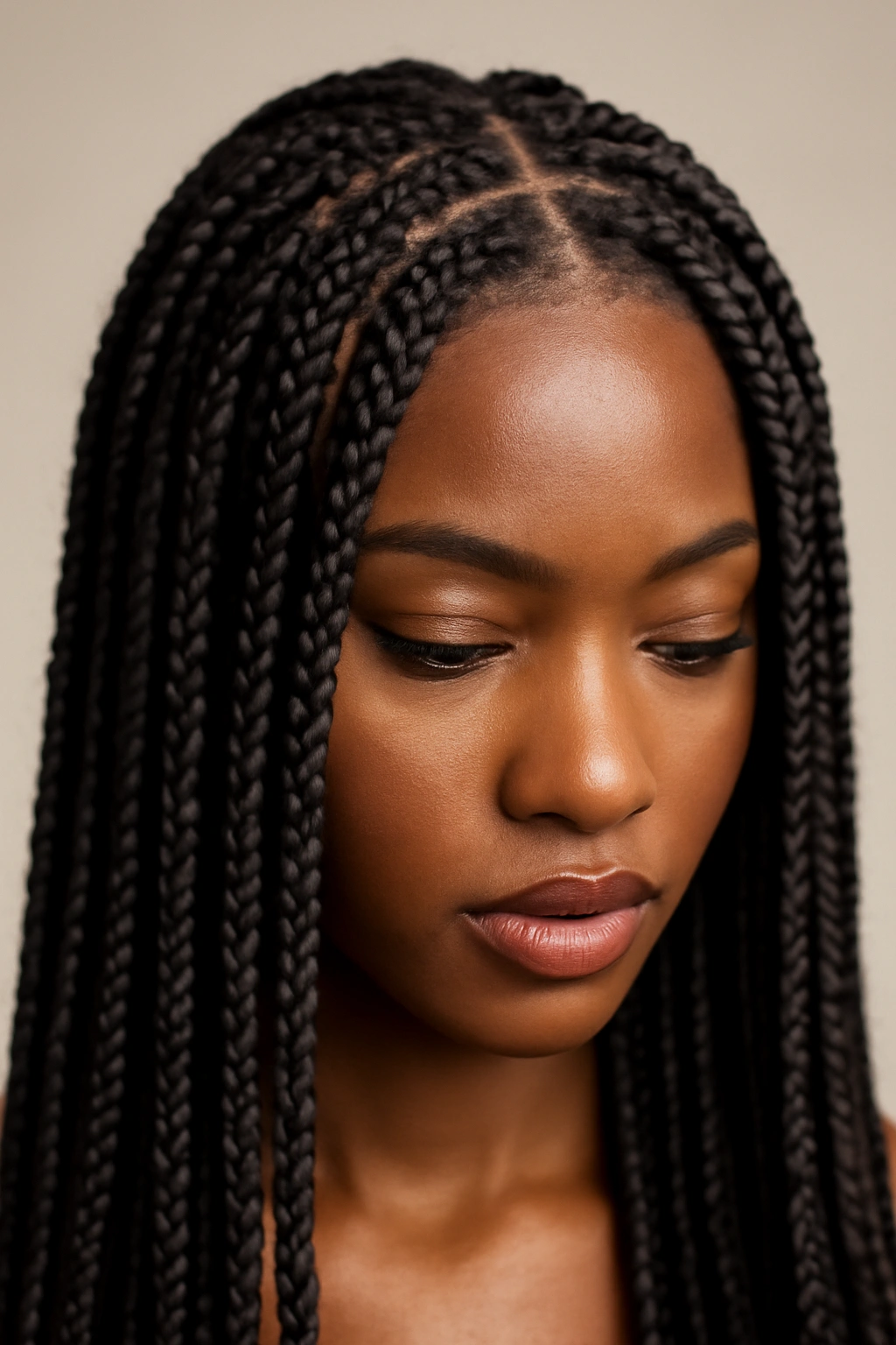 Close-up of box braids with extensions on a Black woman's scalp, square-parted strands visible